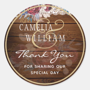 Timeless Rustic Blue Burgundy Floral Lace Wedding Classic Round Sticker