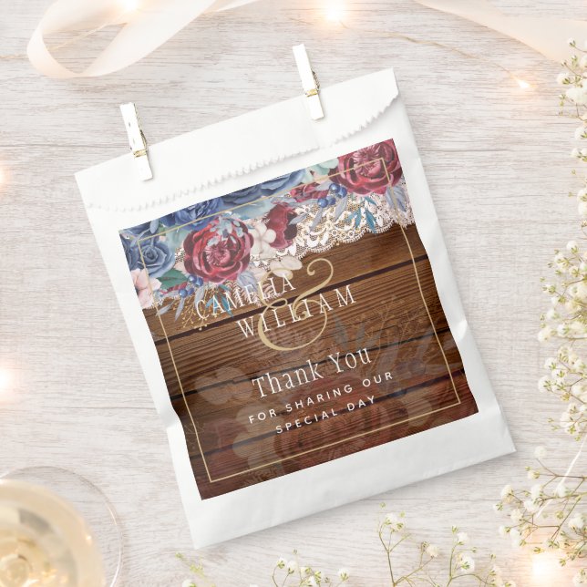 Timeless Rustic Blue Burgundy Floral Lace Wedding Favour Bags (Clipped)