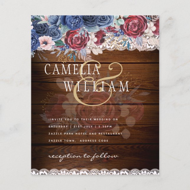 Timeless Rustic Blue Burgundy Floral Lace Wedding Flyer (Front)