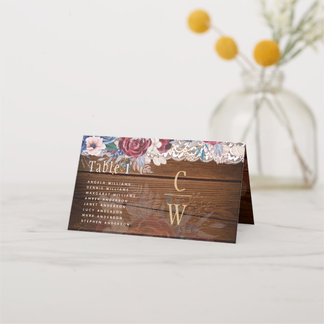 Timeless Rustic Blue Burgundy Floral Lace Wedding Place Card (Front)