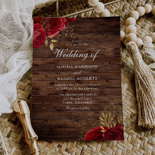Timeless Rustic Red Roses & Gold Leaf Wedding Invitation