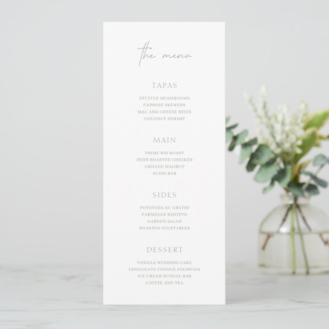 Timeless Sage Green Elegant Wedding Menu (Standing Front)