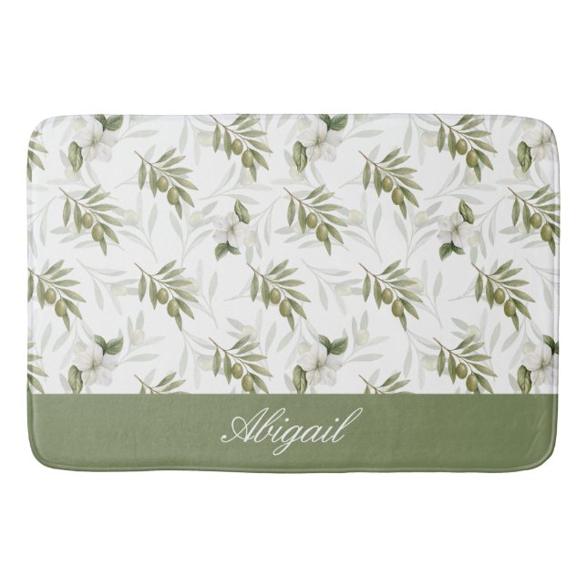 Timeless Sage Olive Watercolor Name  Bath Mat (Front)
