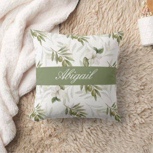 Timeless Sage Olive Watercolor Name  Cushion