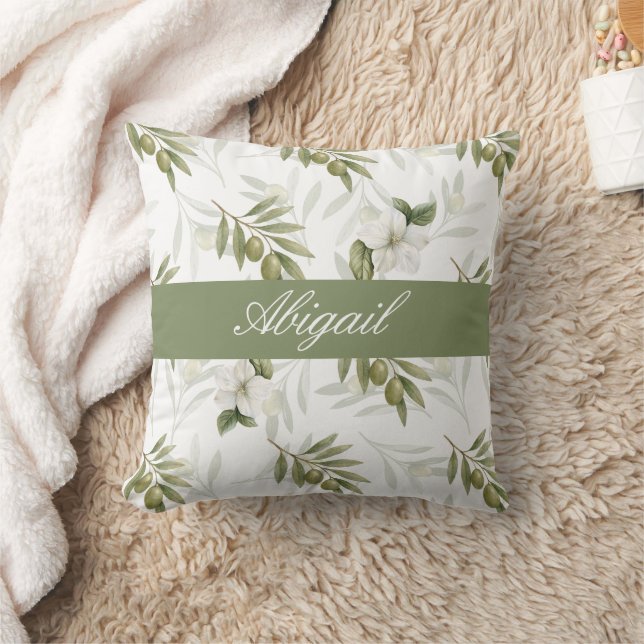 Timeless Sage Olive Watercolor Name  Cushion (Blanket)