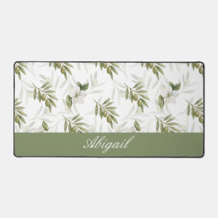 Timeless Sage Olive Watercolor Name  Desk Mat