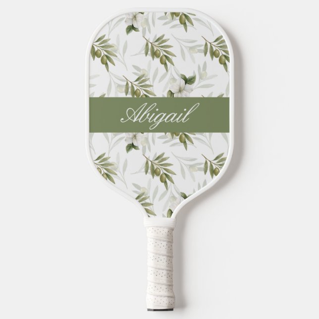 Timeless Sage Olive Watercolor Name  Pickleball Paddle (Front)