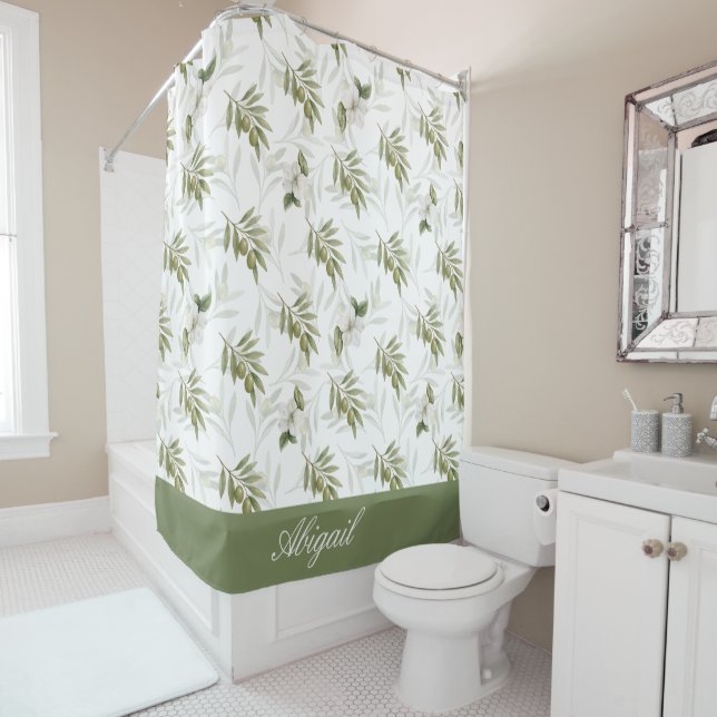 Timeless Sage Olive Watercolor Name  Shower Curtain (In Situ)
