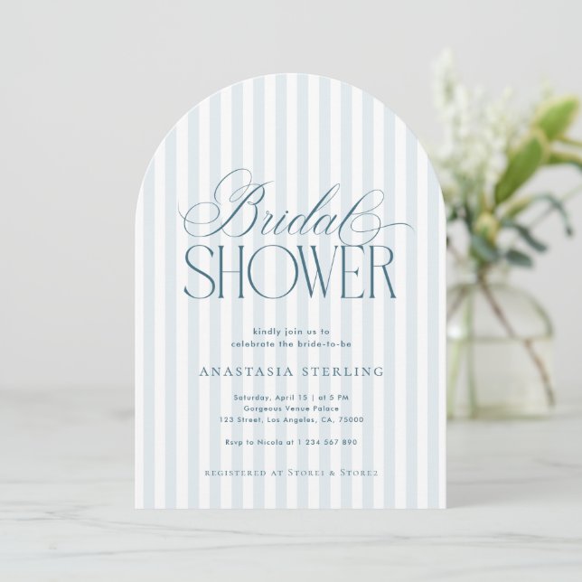 Timeless Script Blue Stripes Arched Bridal Shower Invitation (Standing Front)