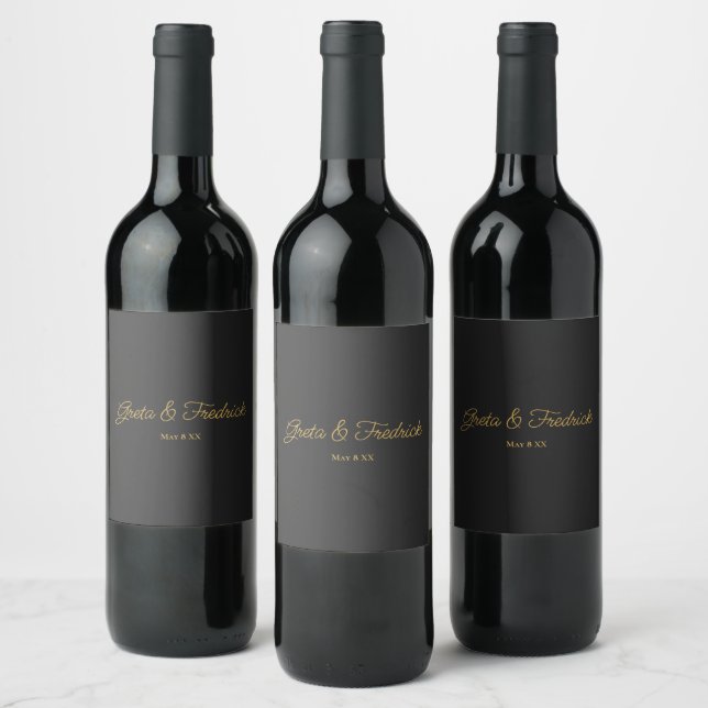 Timeless Simple Elegance Charcoal Black and  Gold Wine Label (Bottles)
