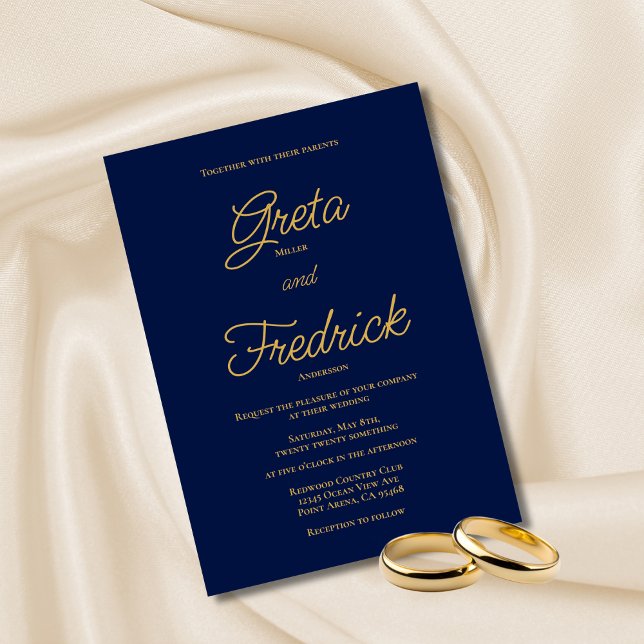 Timeless Simple Elegance Navy Gold Script Wedding Invitation (Creator Uploaded)