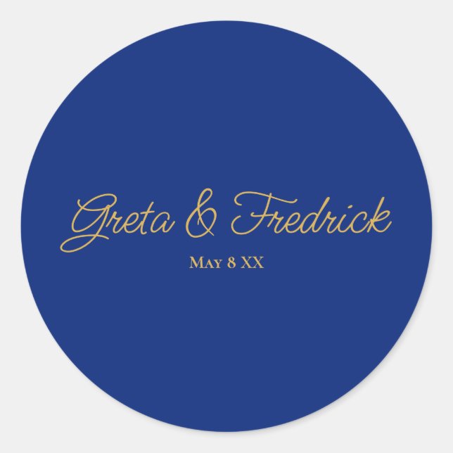 Timeless Simple Minimalist Royal Blue Gold Script Classic Round Sticker (Front)