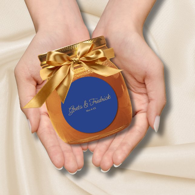 Timeless Simple Minimalist Royal Blue Gold Script Classic Round Sticker (Creator Uploaded)