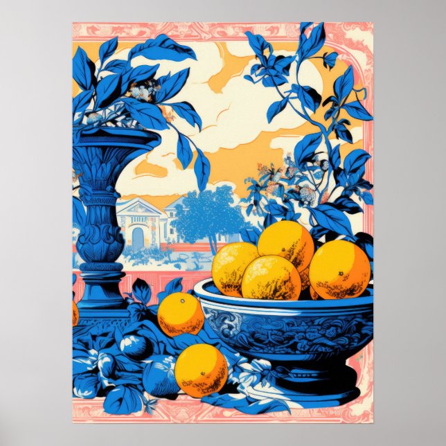 Timeless Still Life with Oranges and Blue Foliage Poster (Front)