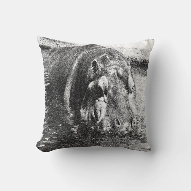 **"Timeless Strength: Grainy Black and White Hippo Cushion (Front)