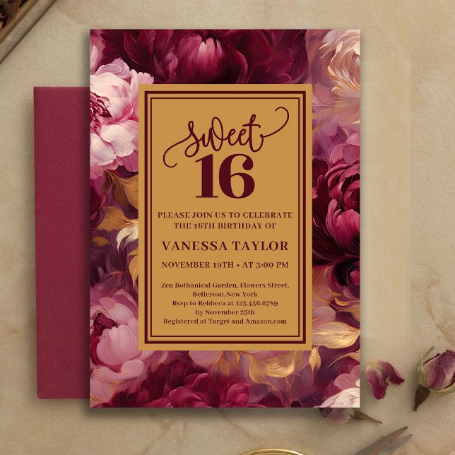 Timeless Sweet 16 Burgundy Roses Gold Invitation (Timeless Sweet 16 Burgundy Roses Gold Invitation)
