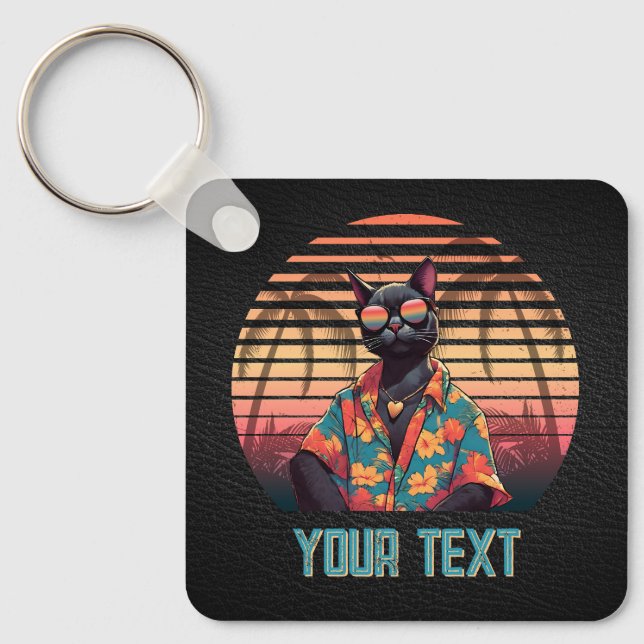 Timeless Tropical Cat Attitude Square Key Ring (Front)