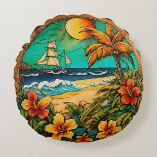 Timeless Tropical Ink - Monterey Beach Tattoo Art Round Cushion