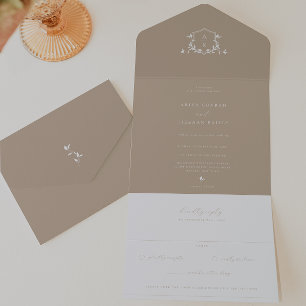 Timeless Vines Beige Monogram Wedding Crest All In One Invitation