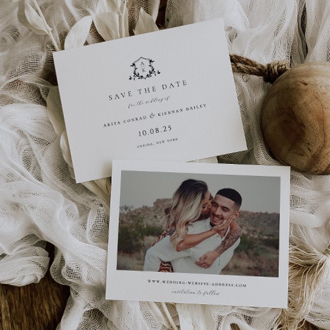Timeless Vines Black Crest Monogram Photo Save The Date (Creator Uploaded)