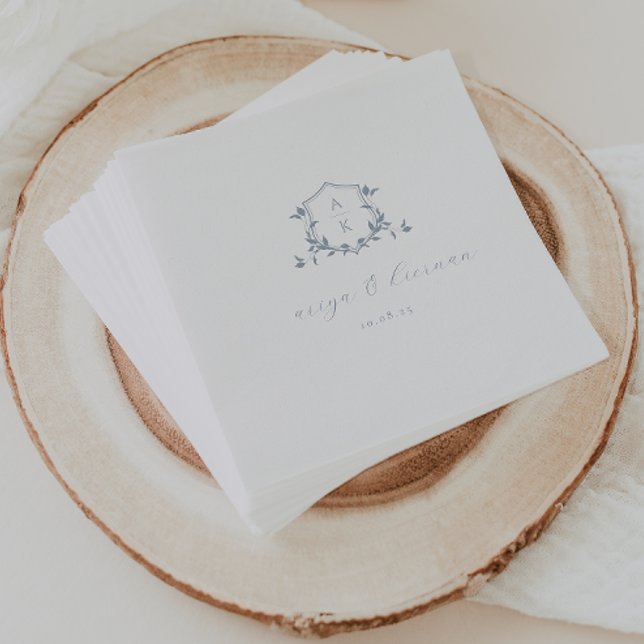 Timeless Vines Dusty Blue Crest Wedding Monogram Napkin (Creator Uploaded)
