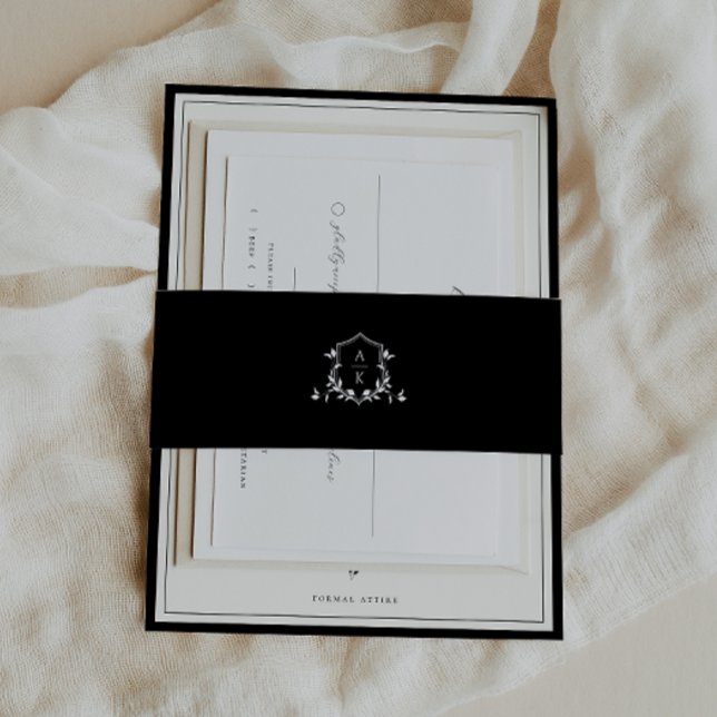 Timeless Vines Monogram Crest Black Invitation Belly Band (Creator Uploaded)