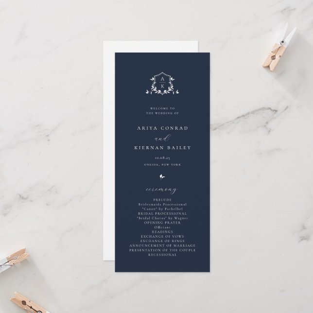 Timeless Vines Monogram Crest Navy Blue Program Invitation (Front/Back In Situ)