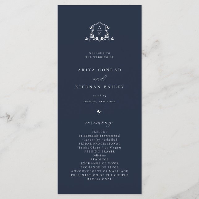 Timeless Vines Monogram Crest Navy Blue Programme (Front)