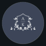 Timeless Vines Monogram Crest Navy Classic Round Sticker<br><div class="desc">Elegant botanical greenery adorned crest,  wedding monogram,  navy blue sticker.</div>