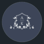Timeless Vines Monogram Crest Navy Classic Round Sticker<br><div class="desc">Elegant botanical greenery adorned crest,  wedding monogram,  navy blue sticker.</div>