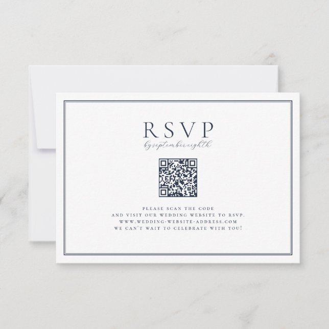 Timeless Vines Navy Blue Crest QR Code RSVP Card (Front)