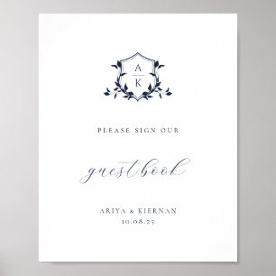 Timeless Vines Navy Crest Guest Book Sign