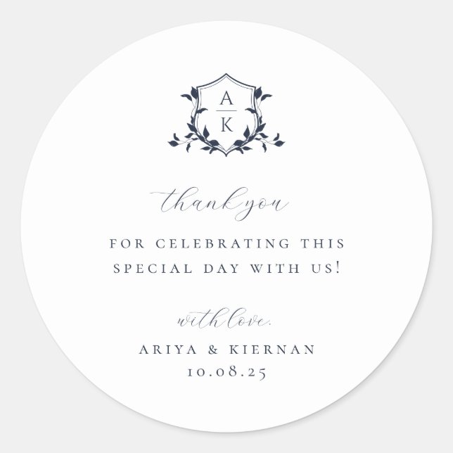 Timeless Vines Navy Crest Wedding Monogram Classic Round Sticker (Front)