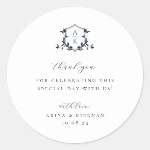 Timeless Vines Navy Crest Wedding Monogram Classic Round Sticker
