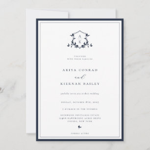 Timeless Vines Navy Monogram Crest Wedding Invitation