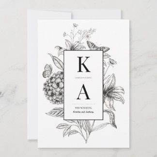 Timeless Vintage Black and White Floral Wedding Invitation