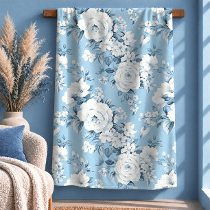 Timeless Vintage Blue White Winter Floral Blanket