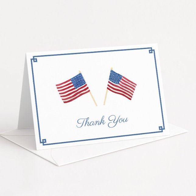 Timeless Watercolor American Flag Personalised Thank You Card (Patriotic red white and blue thank you card design featuring USA flags and a smart Greek Key border)