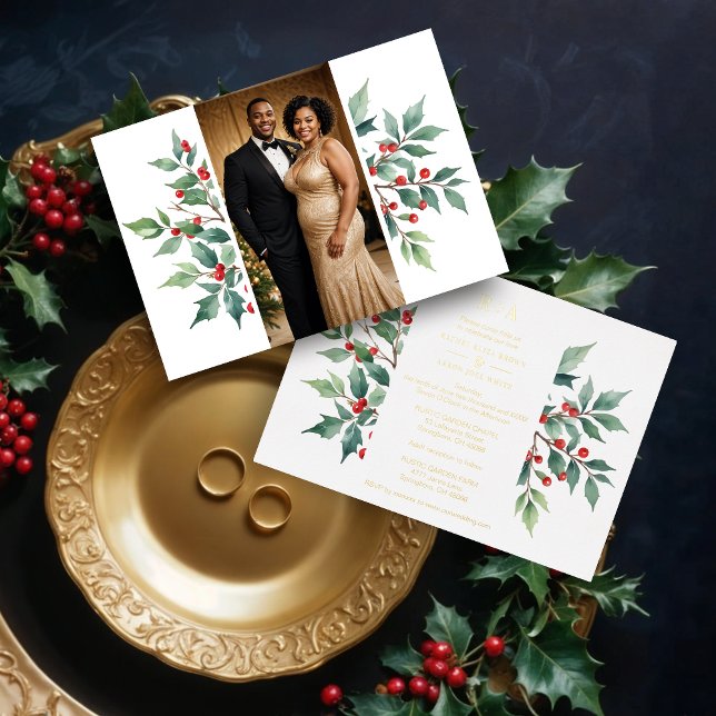 Timeless Watercolor Christmas Holly Branches (Timeless Watercolor Effect Christmas Holly Branches Photo Golden Metallic Foil Wedding Invitations.)