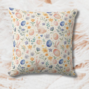 Timeless Watercolor Pastel Bunny Flowers Eggs Cushion