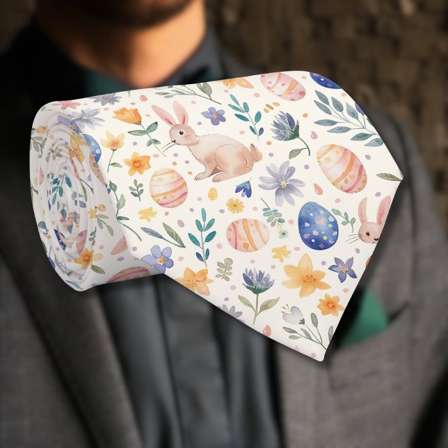 Timeless Watercolor Pastel Bunny Flowers Eggs Tie (Creator Uploaded)
