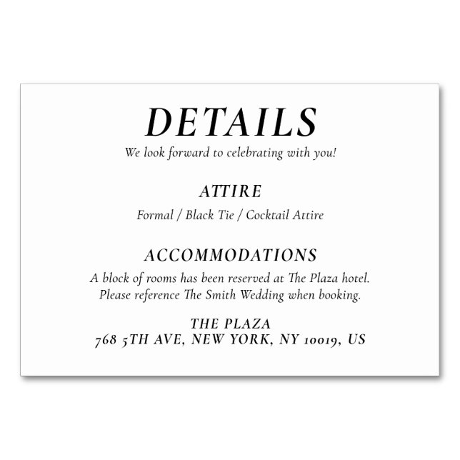 Timeless White Elegant Wedding Detail Cards (Front)