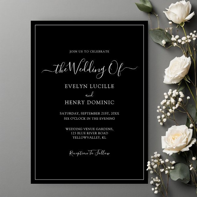 Timeless White Script on Black Minimalist Wedding Invitation (Creator Uploaded)