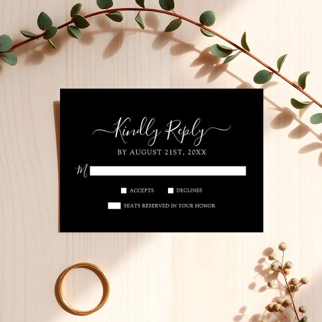 Timeless White Script on Black Minimalist Wedding RSVP Card (Creator Uploaded)
