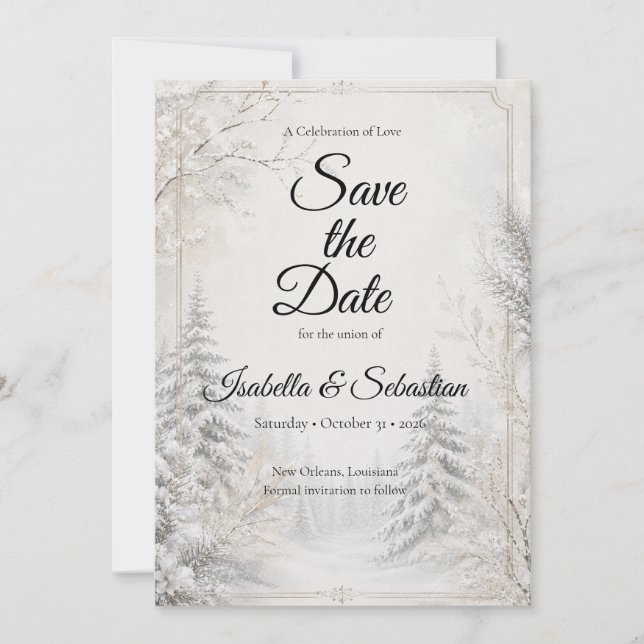Timeless Winter Forest Elegance Wedding Save The Date (Front)