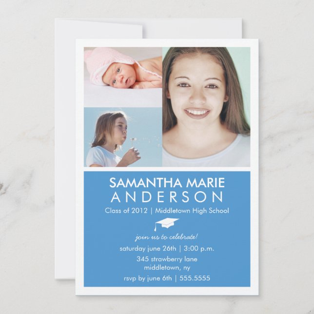 Timeline 3 Photo Graduation Invitation - Blue (Front)