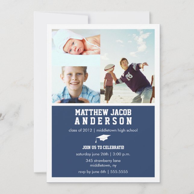 Timeline 3 Photo Graduation Invitation - Navy (Front)
