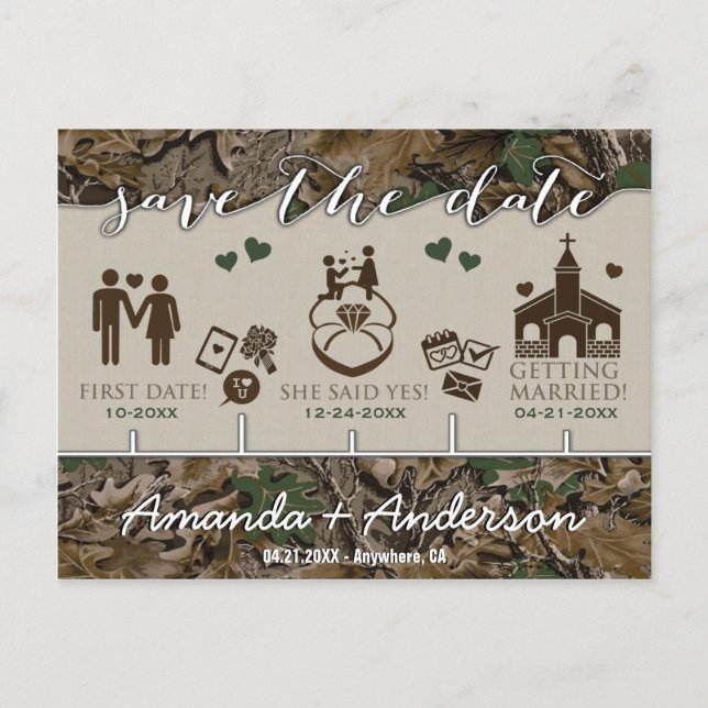 Timeline Milestone Camo Rustic Save the Date Cards (Front)