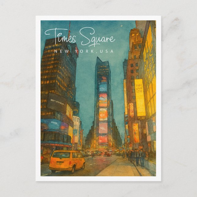 Times Square NYC Night Lights Watercolor Holiday Postcard (Front)
