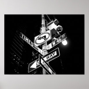 Times Square road signs in black and white